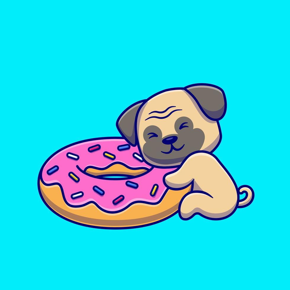 Cute Pug Dog Hugging Doughnut Cartoon Vector Icon Illustration. Animal Food Icon Concept Isolated Premium Vector. Flat Cartoon Style