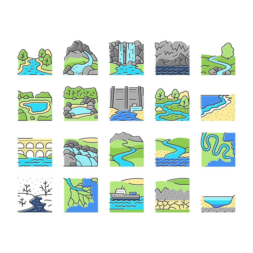 río y lago naturaleza paisaje iconos conjunto vector