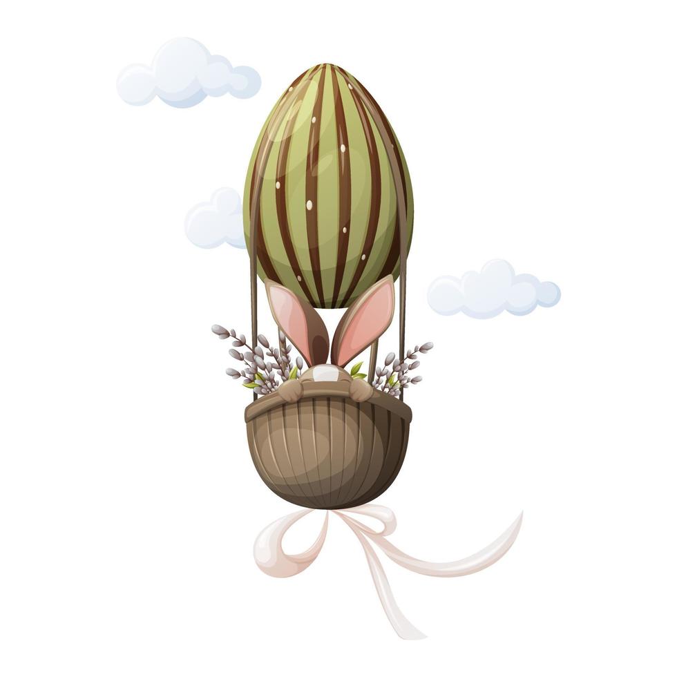 el conejito vuela en un globo en forma de huevo. ramas de sauce y nubes. tema de la primavera de pascua. ilustración vectorial para las vacaciones. animales del bosque. fondo aislado. vector