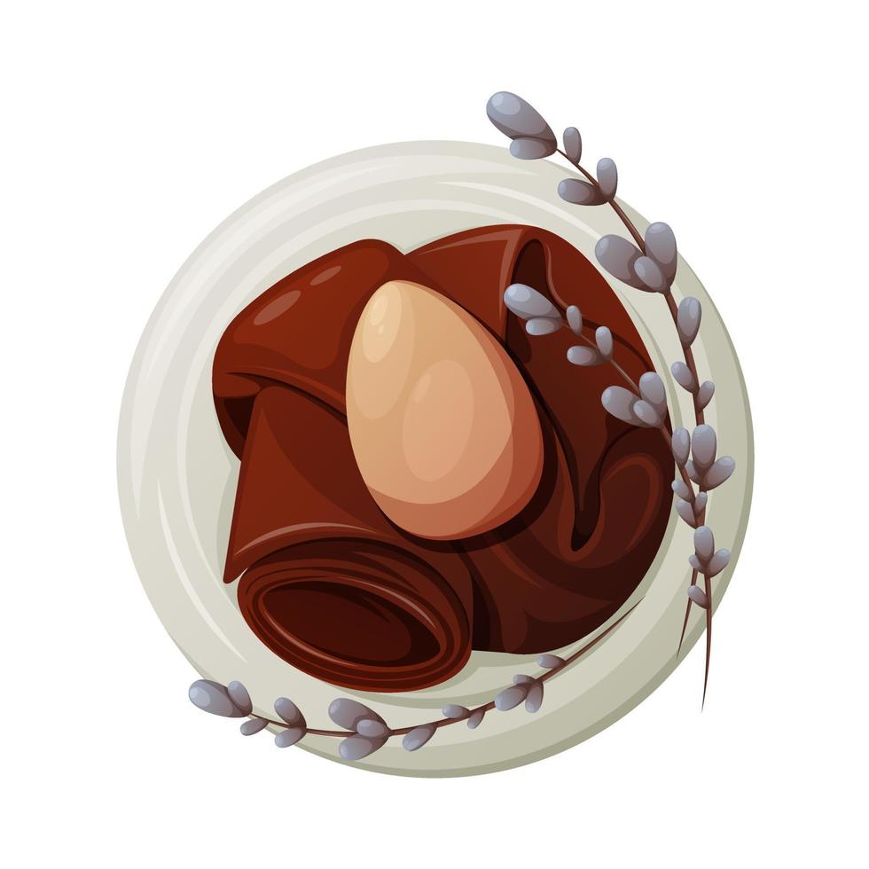 Chicken egg in a plate on a red towel with willow sprigs. Easter theme. Vector illustration, cartoon style, isolated background. Top view.