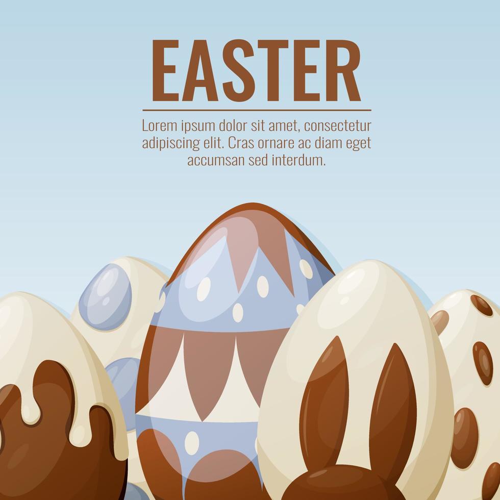 Easter eggs painted and decorated with chocolate. Square background with place for text. Vector illustration for spring religious holiday. For banner, poster, postcard
