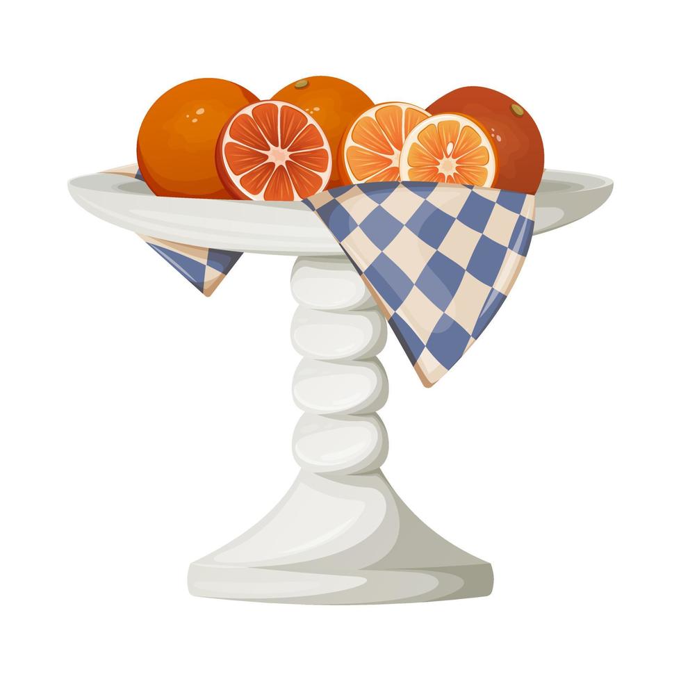 Oranges on a stand with a towel. Seasonal fruit vector illustration, cartoon style, isolated background.