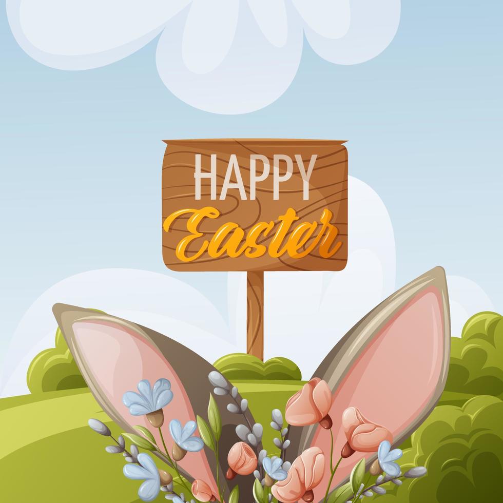 Easter landscape. Bunny ears, flowers and willow branches. Vector illustration for spring religious holiday. For banner, poster, postcard, kids book