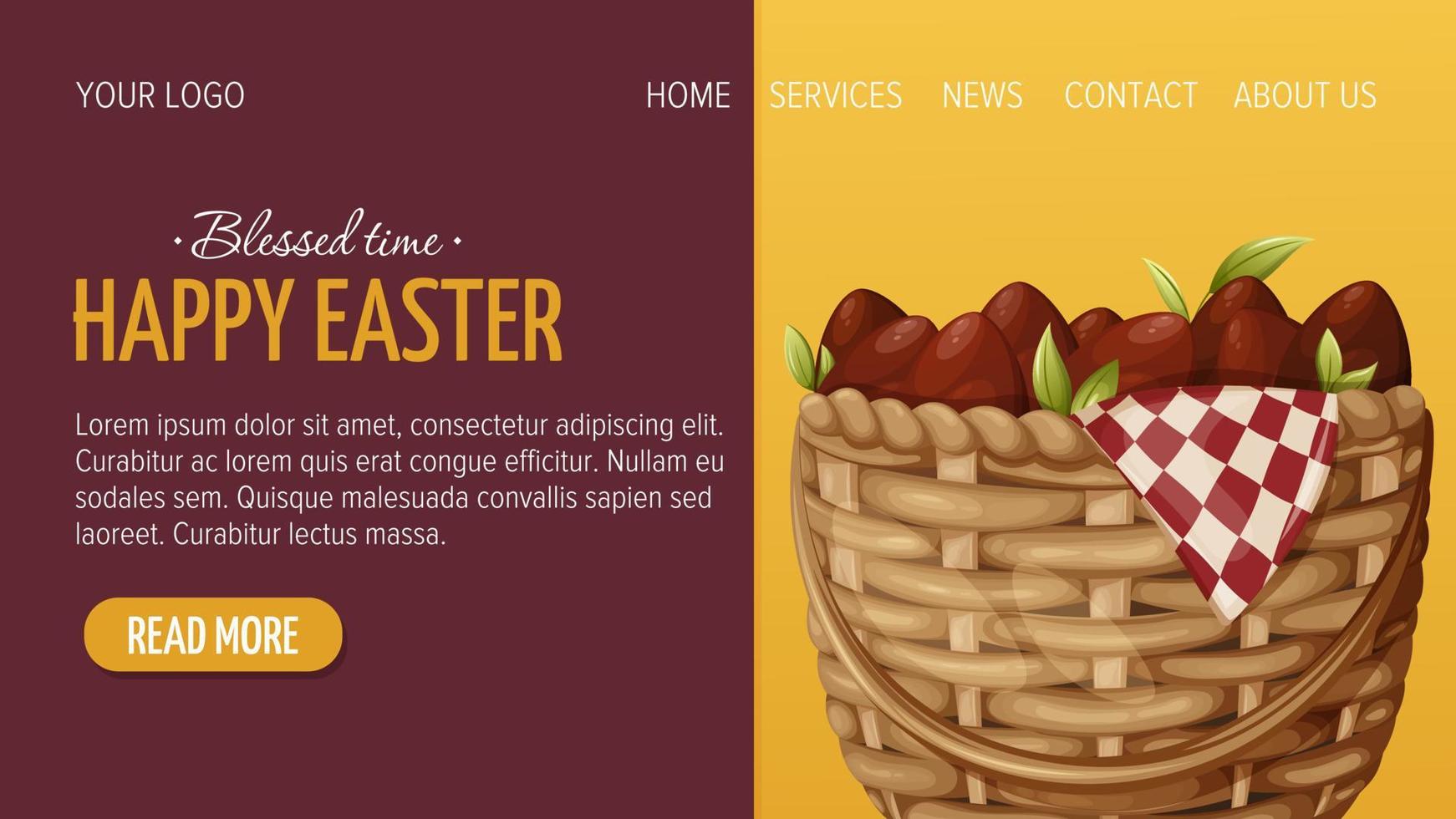 diseño de página web para felices pascuas. cesta de mimbre con huevos rojos festivos. ilustración vectorial, plantilla para póster, banner, sitio web. vector