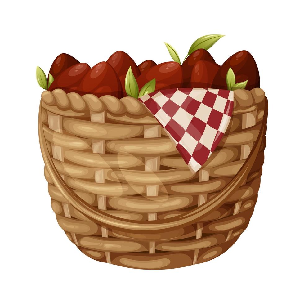 Red Easter eggs in a wicker basket with a towel, vector illustration for the holiday. Isolated background, cartoon style