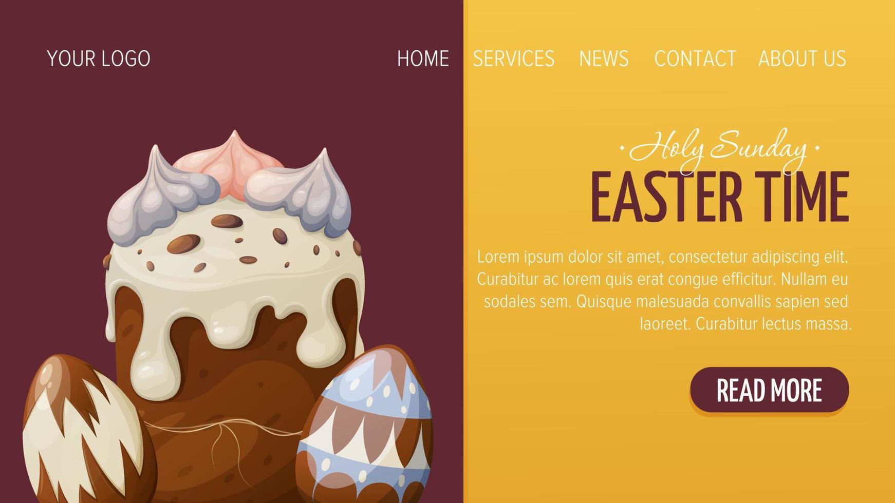 Web page design for Happy Easter. Traditional festive cake with glaze and meringue, colorful eggs. Vector illustration, template for poster, banner, website.