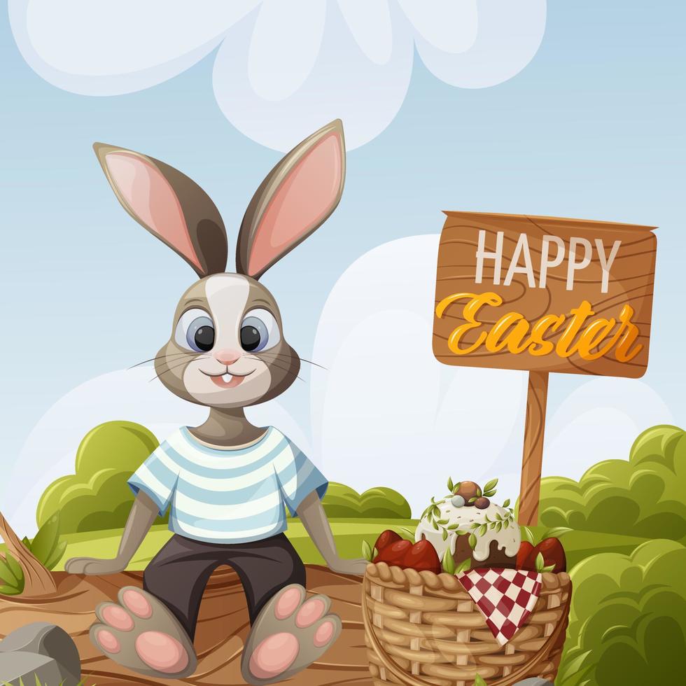 Easter background. A bunny sits on a log on a green lawn, a basket with red eggs and a traditional cake. Vector illustration in cartoon style. Natural landscape. For banner, postcard, kids book