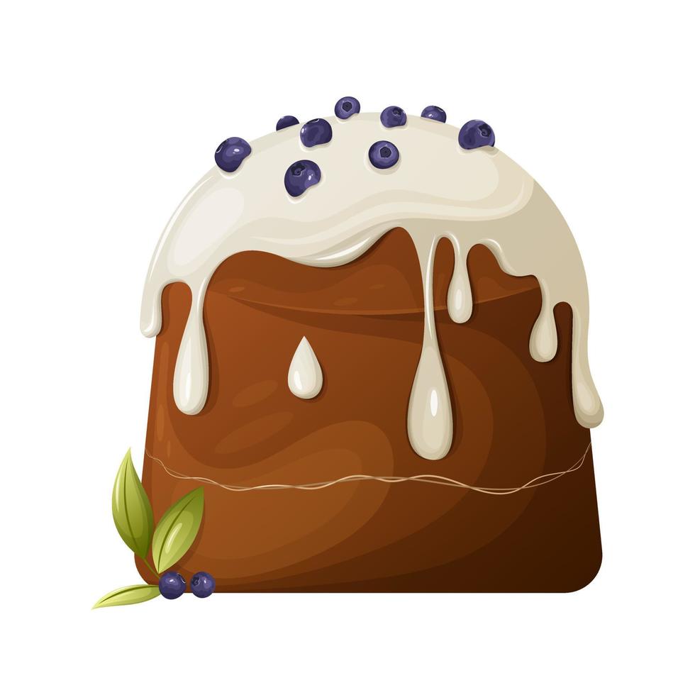 Traditional easter cake decorated with white glaze, blueberry. Isolated vector illustration, cartoon style. Sweet flour product, baking for the holiday