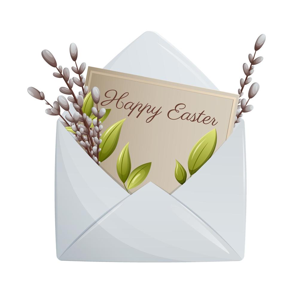Postcard in an envelope with a wish for a happy easter and willow twigs. Vector illustration for the holiday, isolated background
