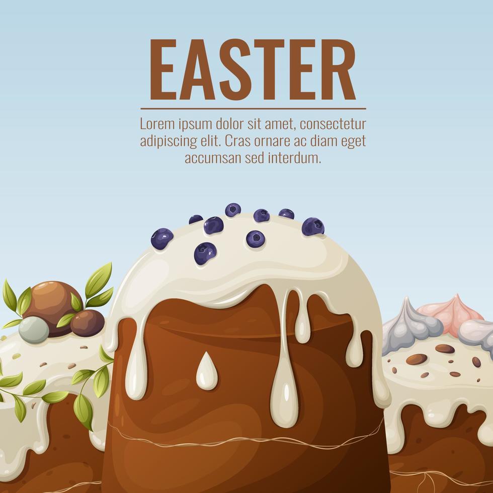 Easter cakes with white icing, decorated with blueberries, meringue. Square background with place for text. Vector illustration of baking for the spring religious holiday. For banner, poster