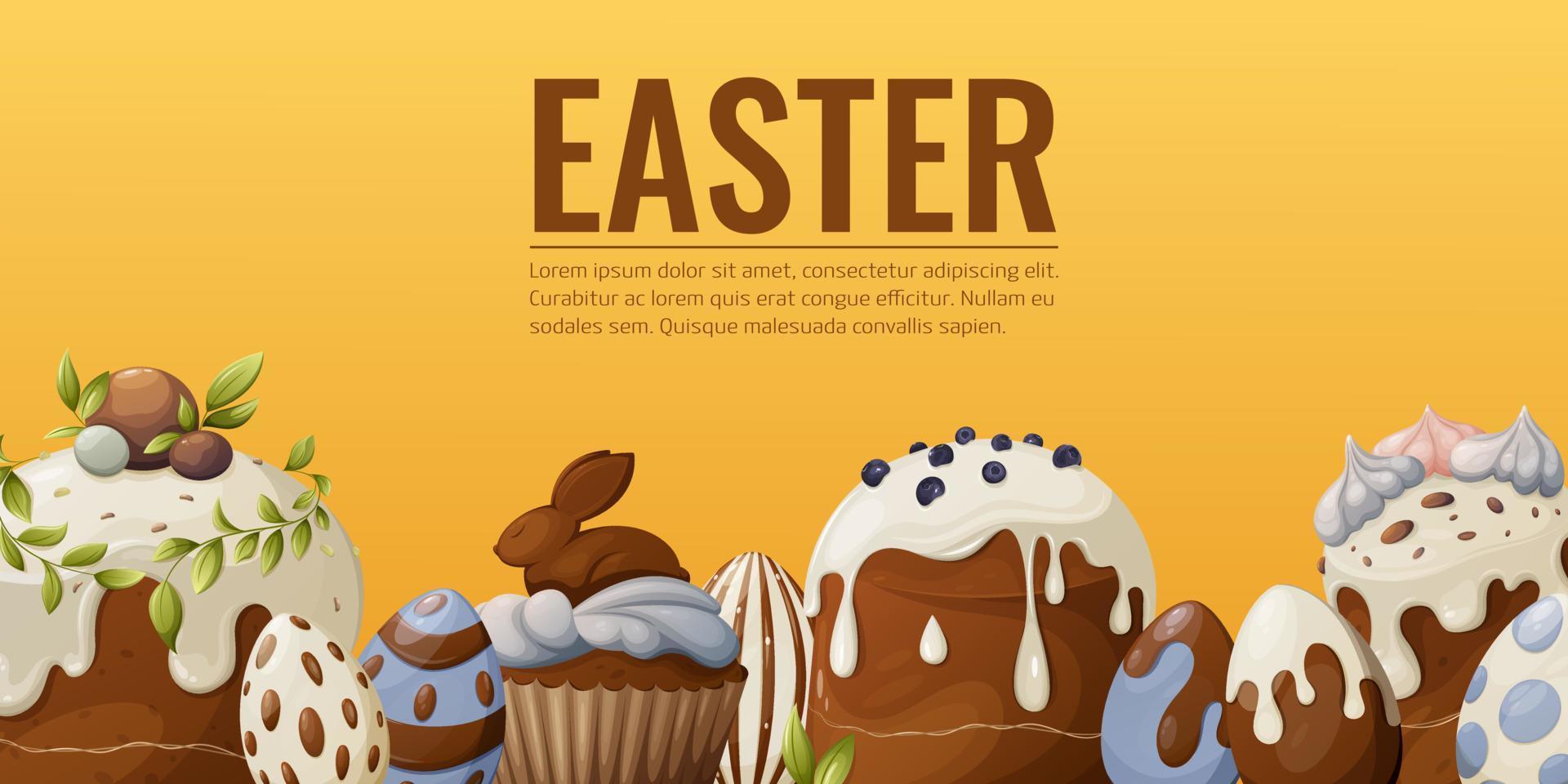 Easter banner with holiday attributes, cakes, bunny cupcake, decorated eggs. Place for text. Horizontal poster, bright background vector