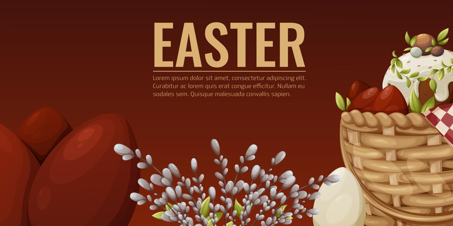 Easter banner with holiday attributes, wicker basket with red eggs and cake, willow twigs. Place for text. Horizontal poster, red background. vector