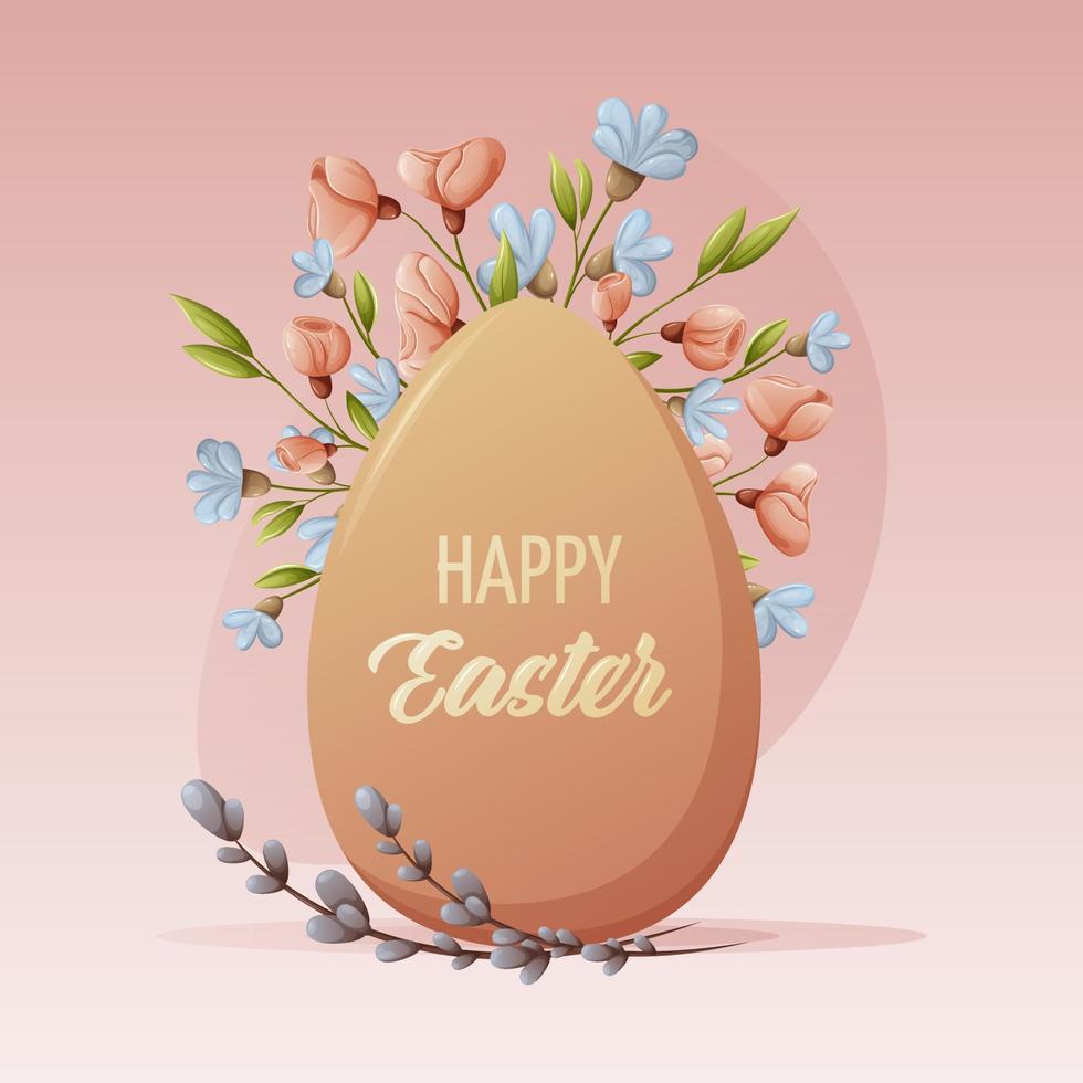 Chicken egg on a bright square background with flowers and willow branches with the text happy easter. Vector illustration for spring religious holiday. For banner, poster
