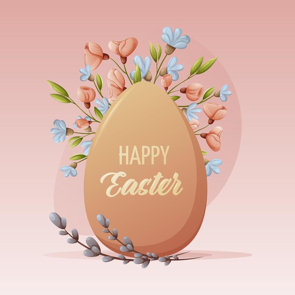 Chicken egg on a bright square background with flowers and willow branches with the text happy easter. Vector illustration for spring religious holiday. For banner, poster