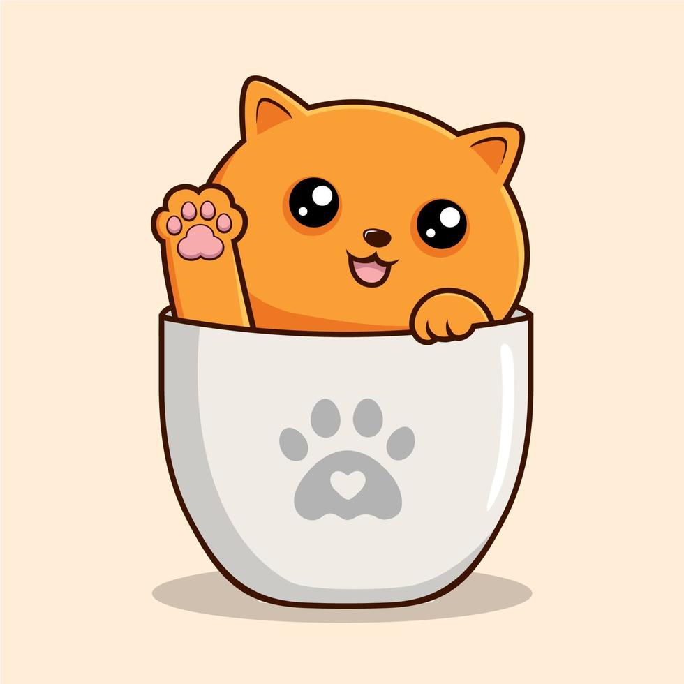 Orange Cat in Cup Waving Paws Cartoon - Orange Pussy Cat Vector