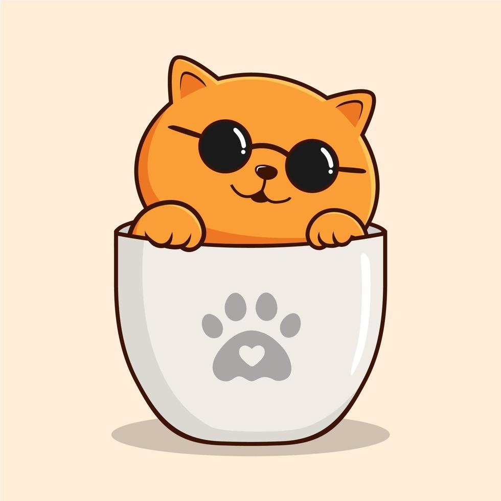 Orange Cat in Cup Waving Paws Cartoon - Orange Pussy Cat Cool Glasses Vector
