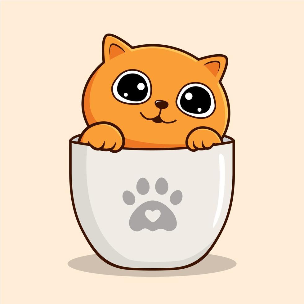 Orange Cat in Cup Waving Paws Cartoon - Orange Pussy Cat Vector