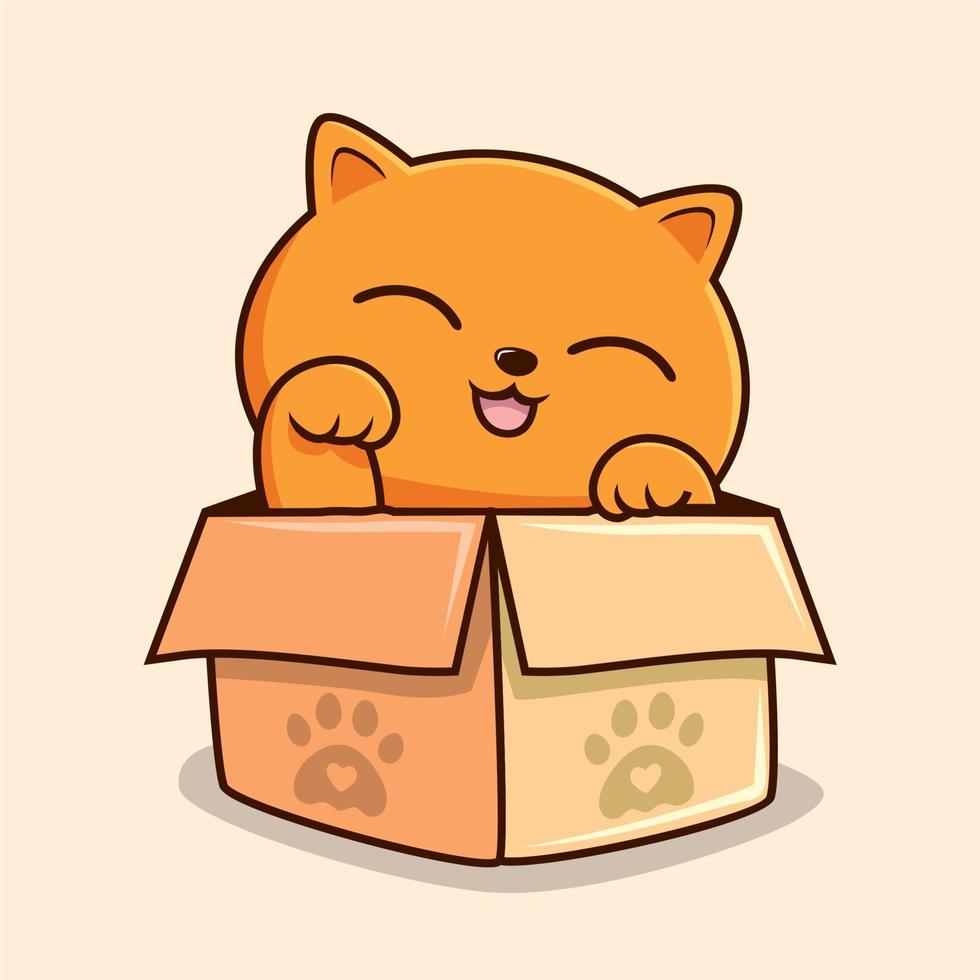 gato naranja en caja de dibujos animados agitando la mano - vector de peones de gatito lindo gato