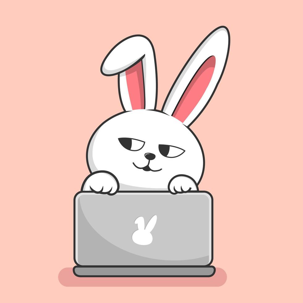 Cute Rabbit Playing Laptop Cartoon - Bunny Hide Behind Laptop vector