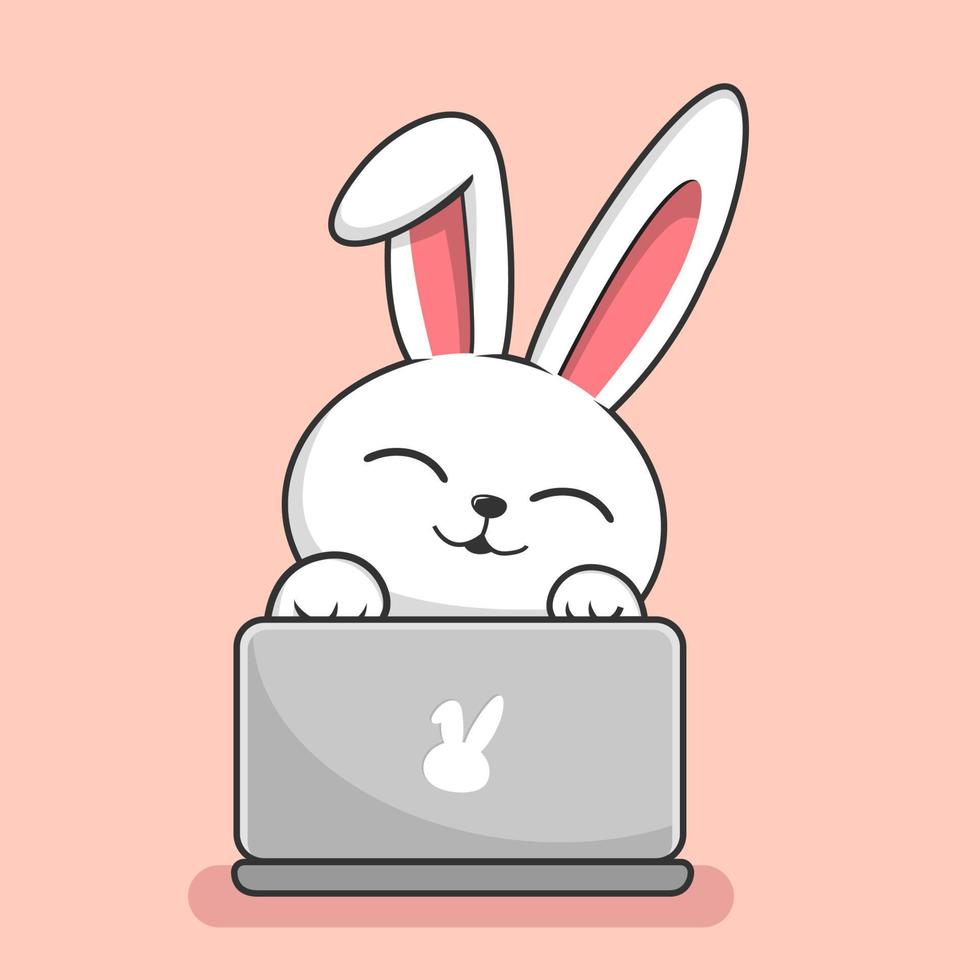 Cute Rabbit Playing Laptop Cartoon - Bunny Hide Behind Laptop vector