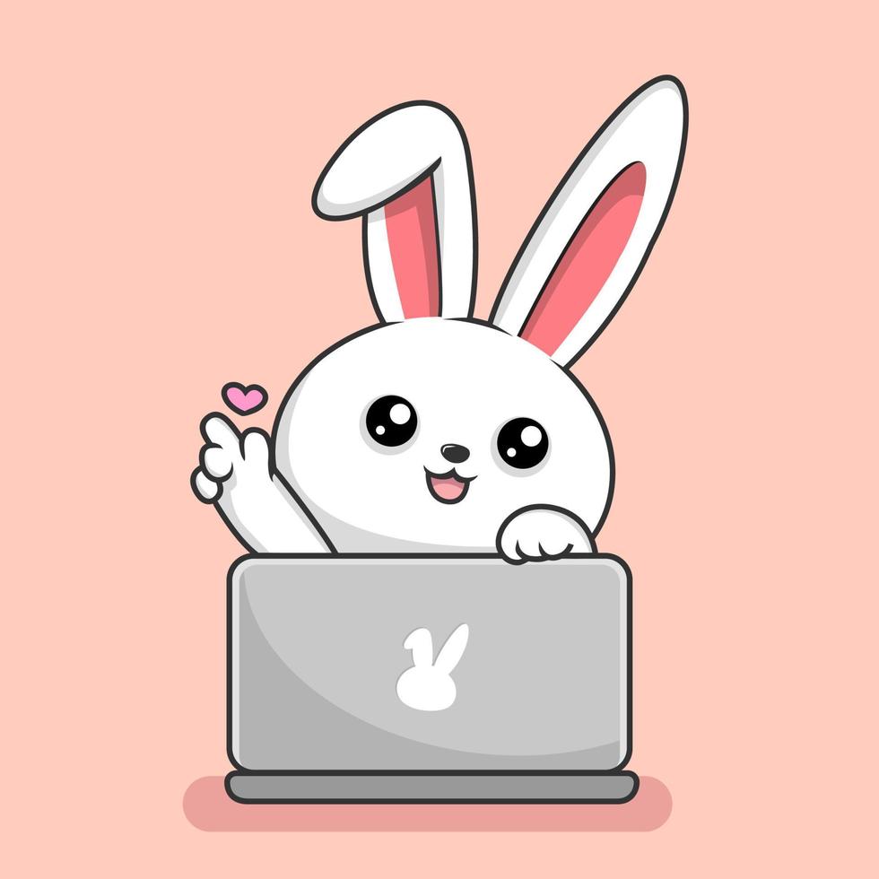 Cute Rabbit Play Laptop Cartoon - Bunny Hiding Behind Laptop Love Hand vector