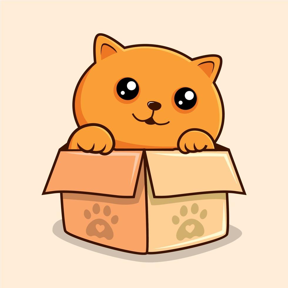gato naranja en caja de dibujos animados agitando la mano - vector de peones de gatito lindo gato