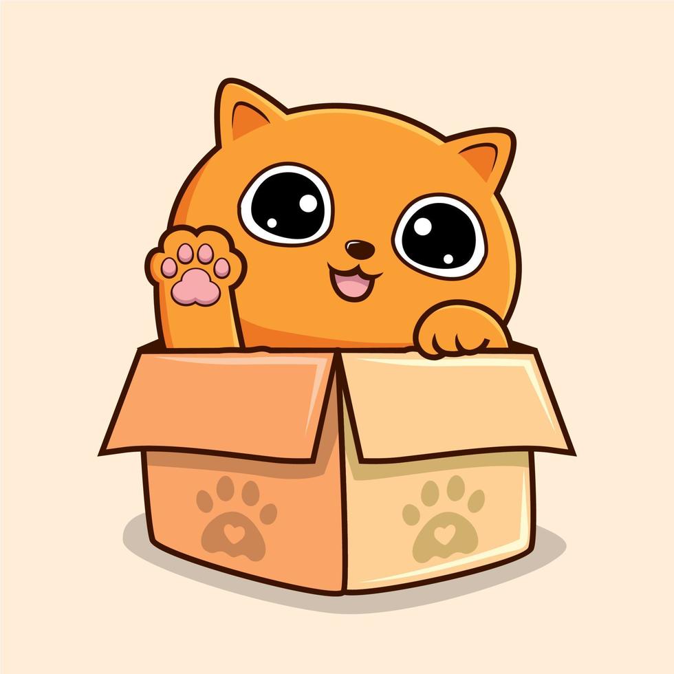 Orange Cat in Box Cartoon Waving Hand - Cute Pussy Cat Kawaii Pawns Vector