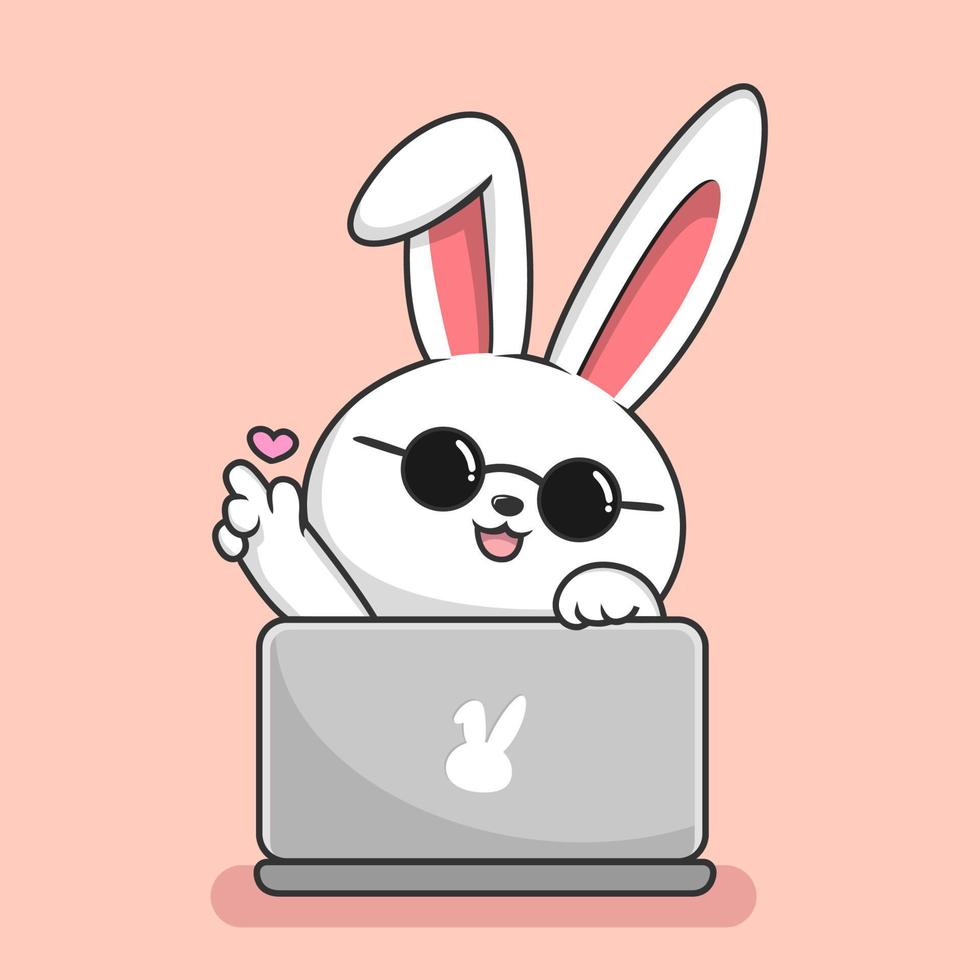 Cute Rabbit Playing Laptop Cartoon - Bunny Hiding Behind Laptop with Circle Glasses vector