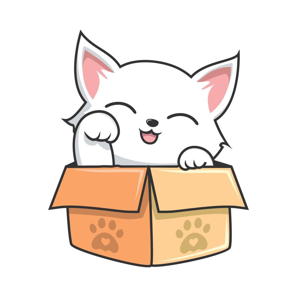 White Cat Hiding in Box - Cute White Pussy Cat in Box waving Paws Hand vector