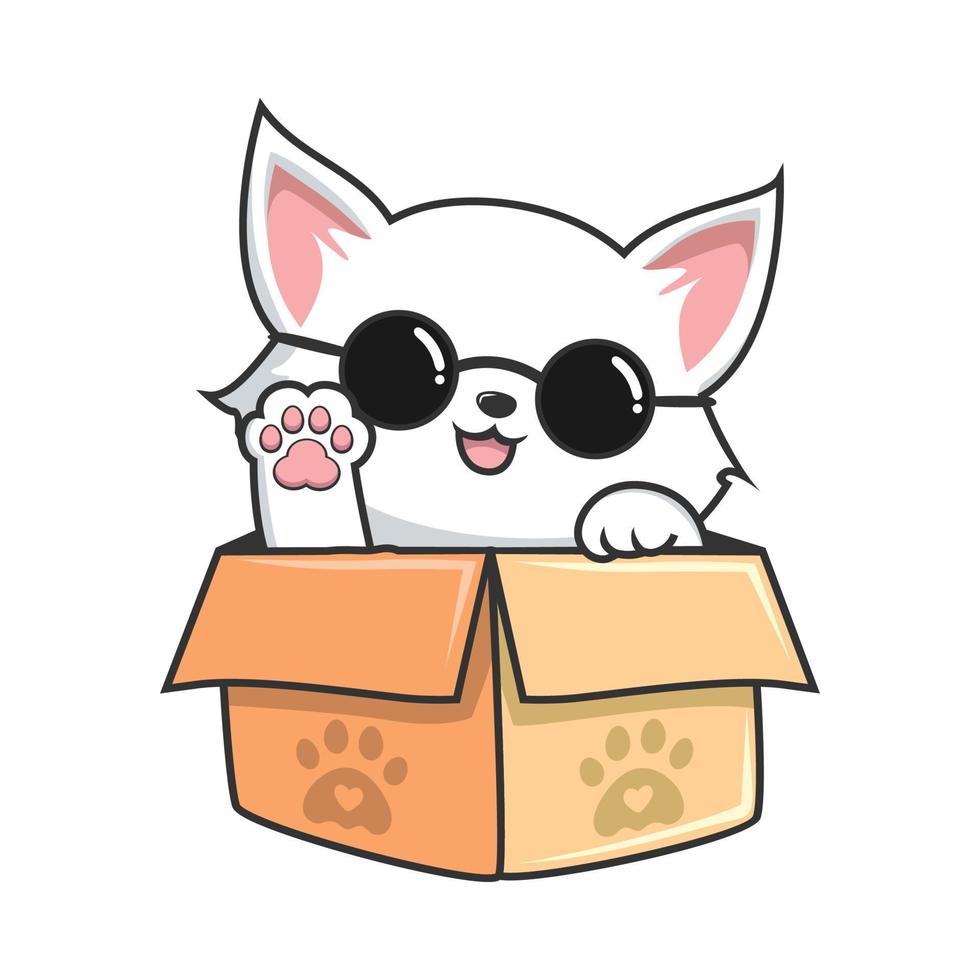 gato blanco escondido en una caja - lindo gatito blanco en una caja gafas circulares geniales vector