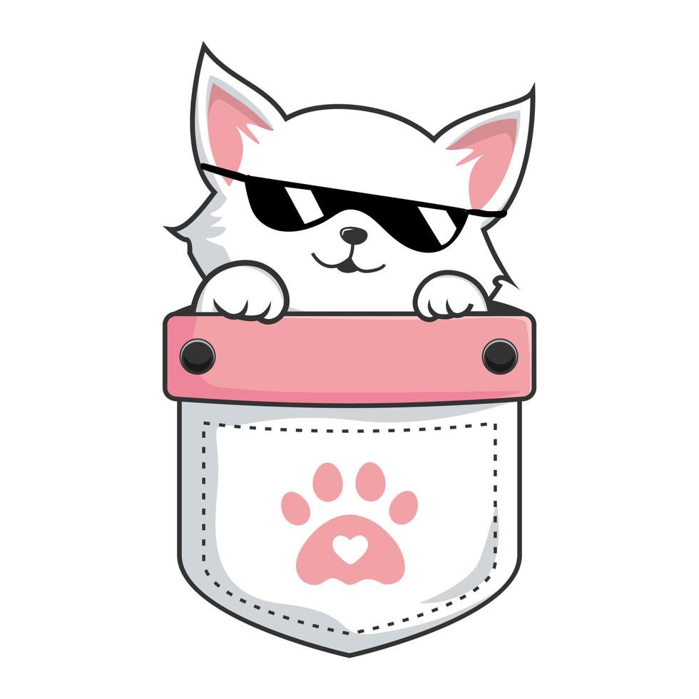 White Cat in Pocket - Cute White Pussy Cat in Pouch - Cool with SunGlasses vector