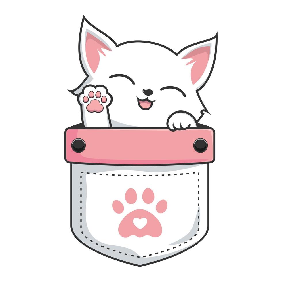 White Cat in Pocket - Cute White Pussy Cat in Pouch - waving paws vector