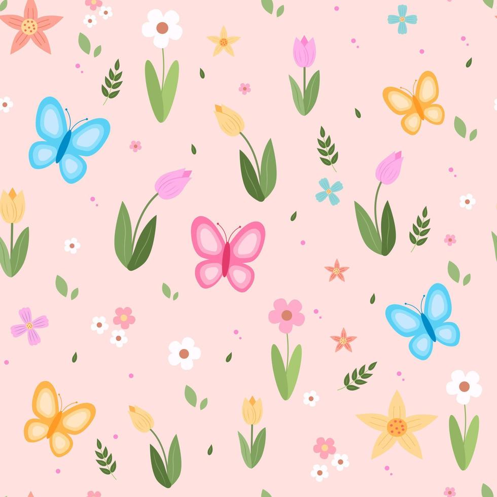 Spring flower pattern tulips cherry blossom and butterflies vector