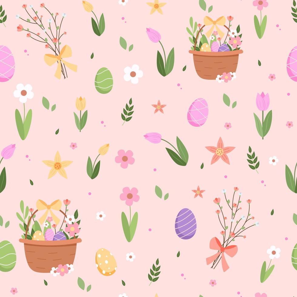 Spring easter pattern with cute elements decorated eggs and flowers vector illustration