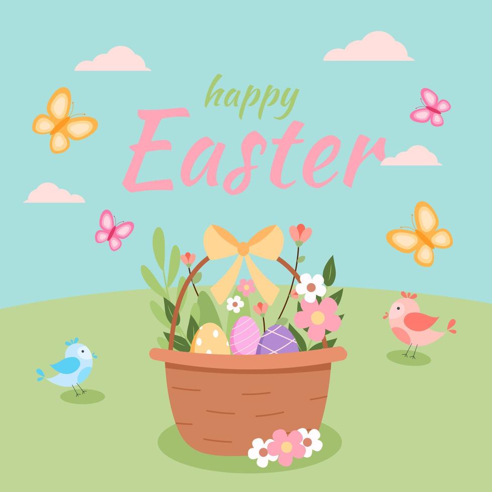 Easter egg basket with flowers welcome spring card with cute elements hand drawn cartoon elements vector