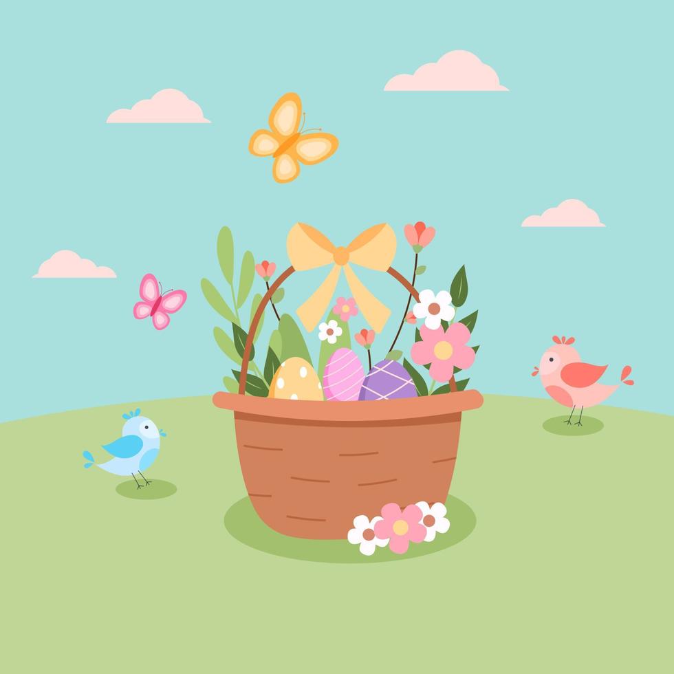 canasta de huevos de pascua con flores tarjeta de bienvenida de primavera con elementos lindos elementos de dibujos animados dibujados a mano vector