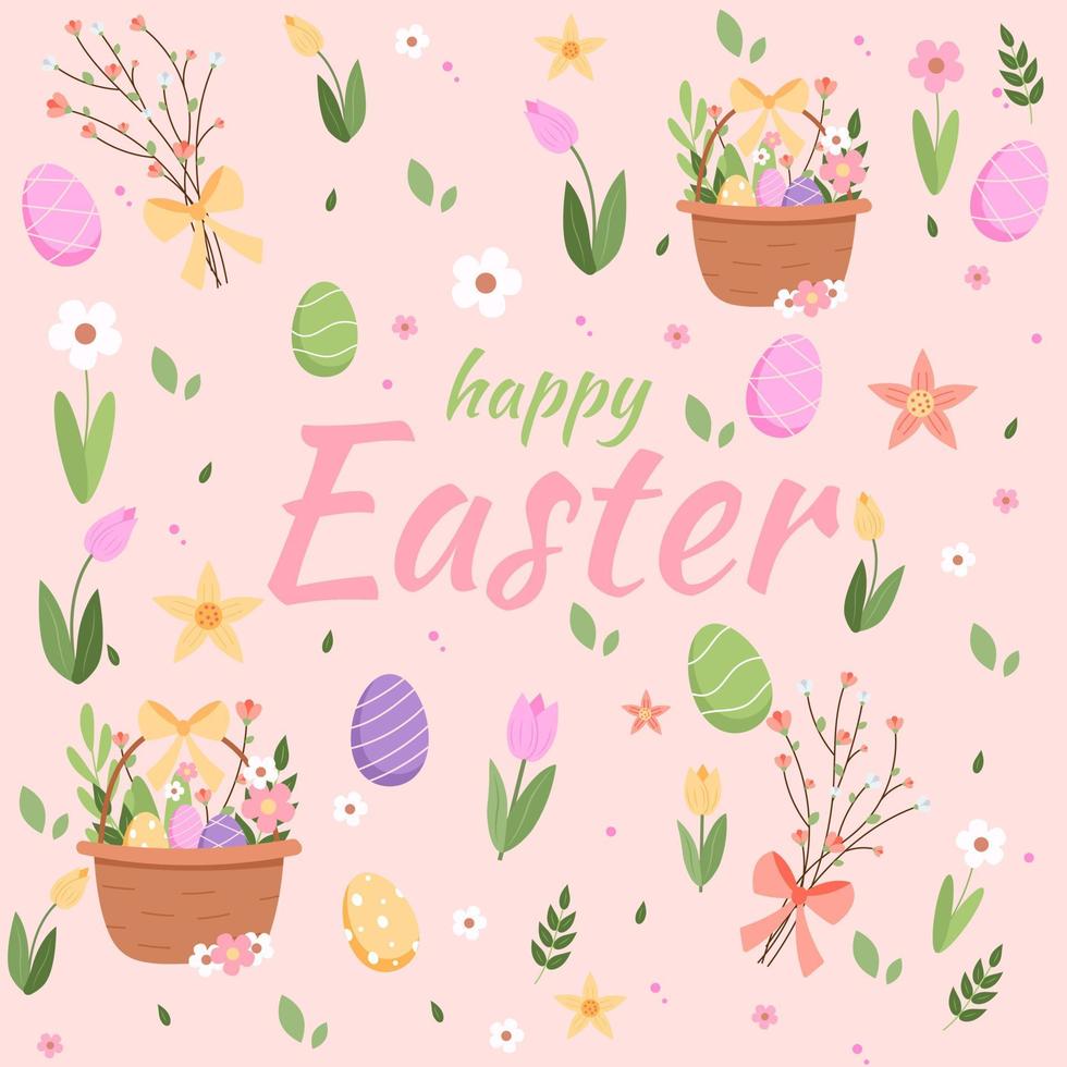 Happy easter lettering with cute eggs vector