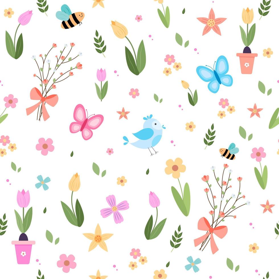 Spring elements collection cute birds bees flowers butterflies easter eggs hand drawn elements. pattern vector