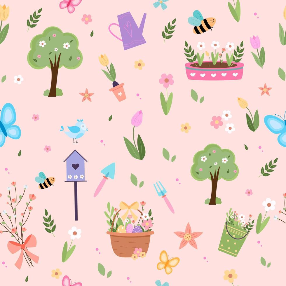 Spring elements collection cute birds bees flowers butterflies easter eggs hand drawn elements. pattern vector