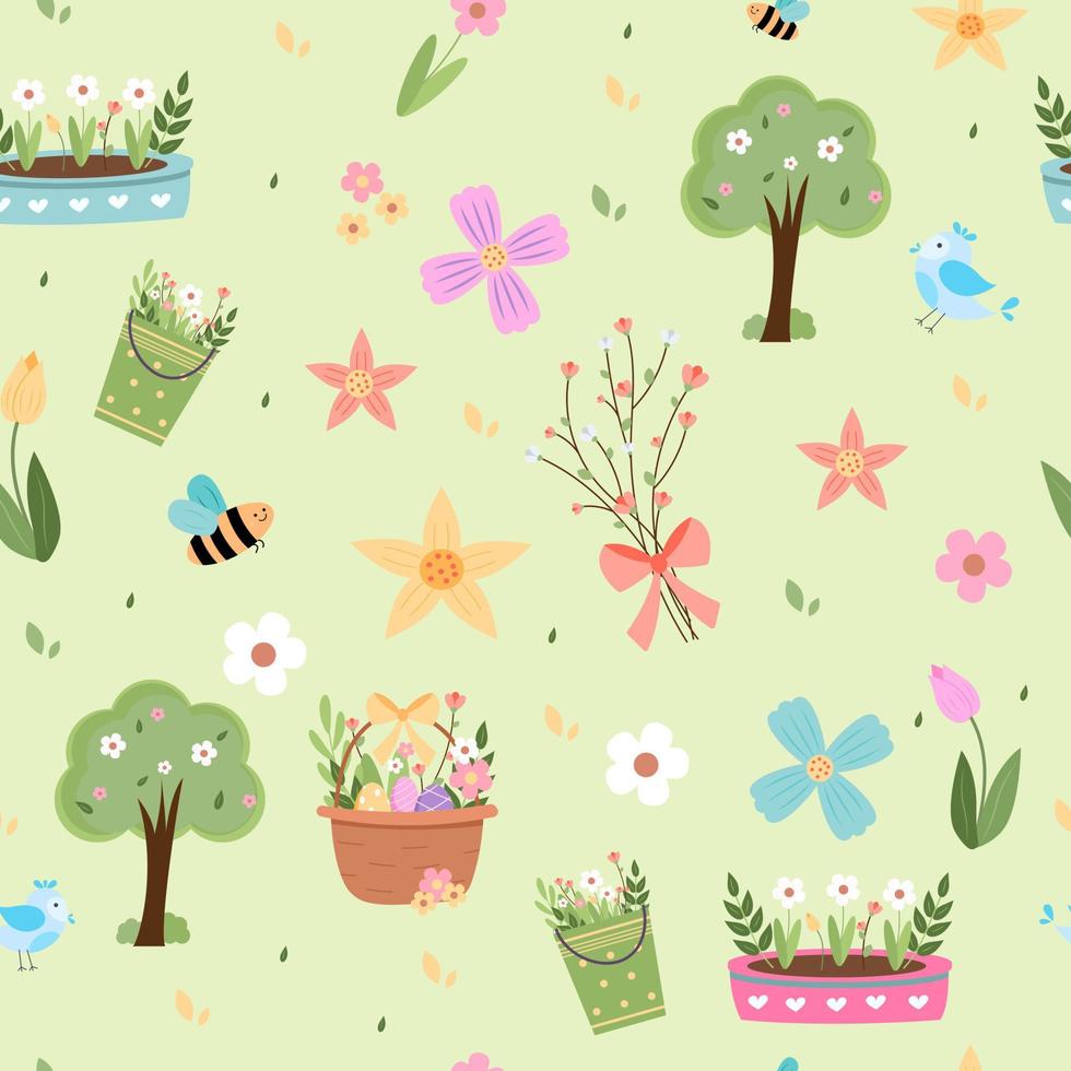 Spring elements collection cute birds bees flowers butterflies easter eggs hand drawn elements. pattern vector