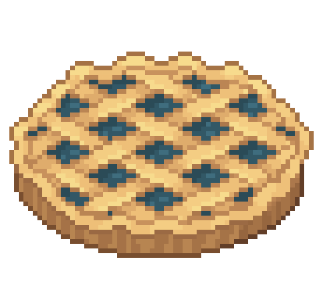 An 8 bit retro styled pixel art illustration of a blueberry pie. png
