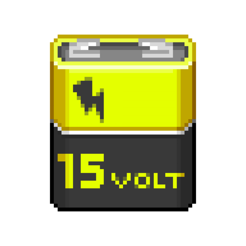 An 8 bit retro styled pixel art illustration of a 15 volt battery. png
