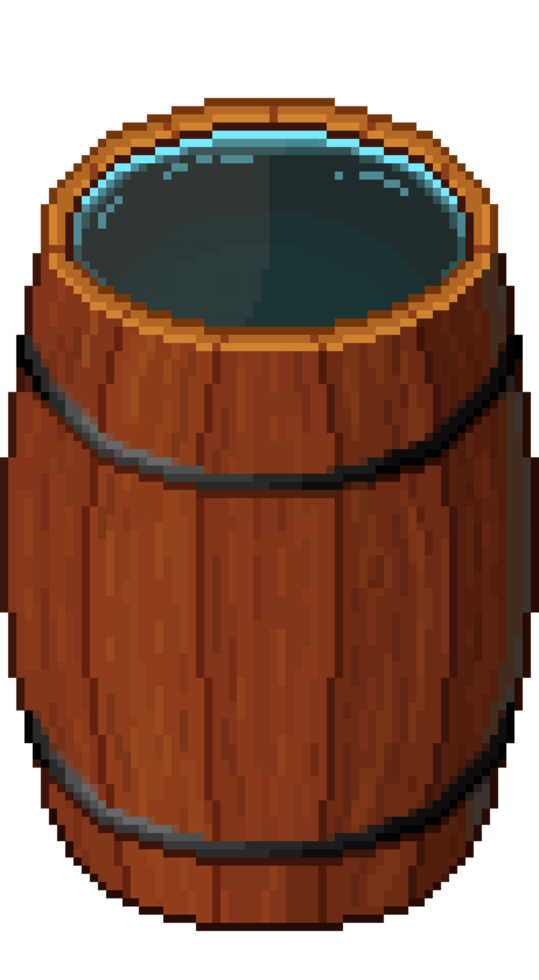 An 8 bit retro styled pixel art illustration of water barrel. png