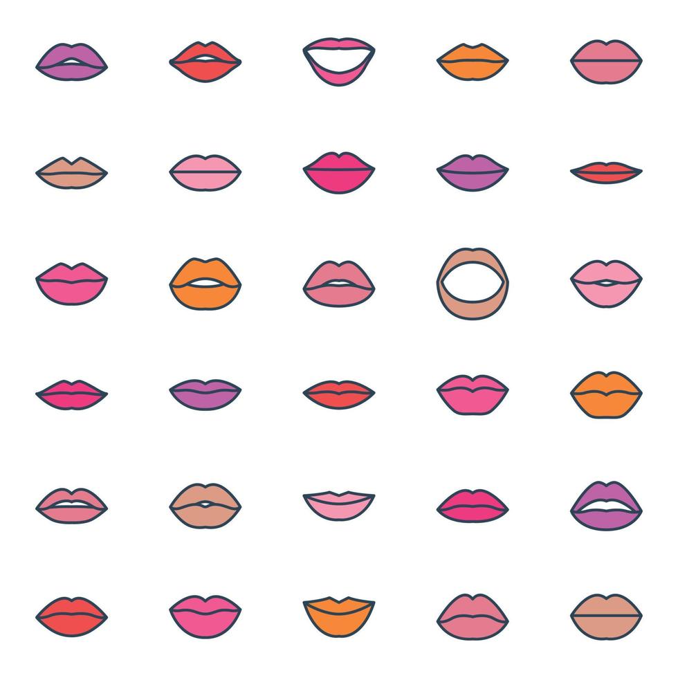 Filled color outline icons for lips. vector