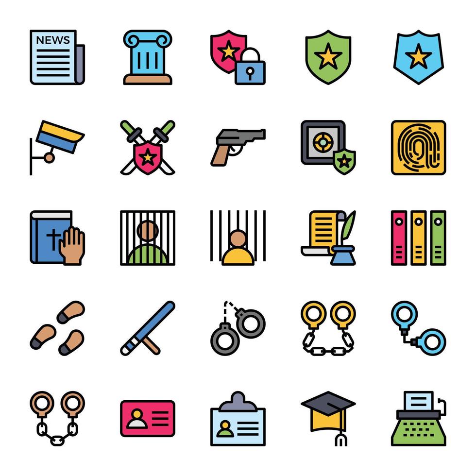 Filled color outline icons for law and justice vector