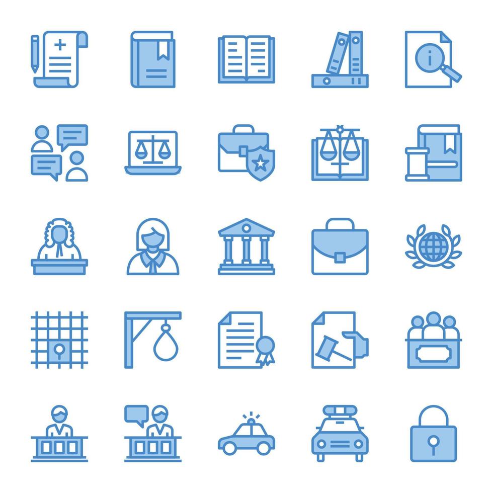 Filled blue outline icons for law and justice vector