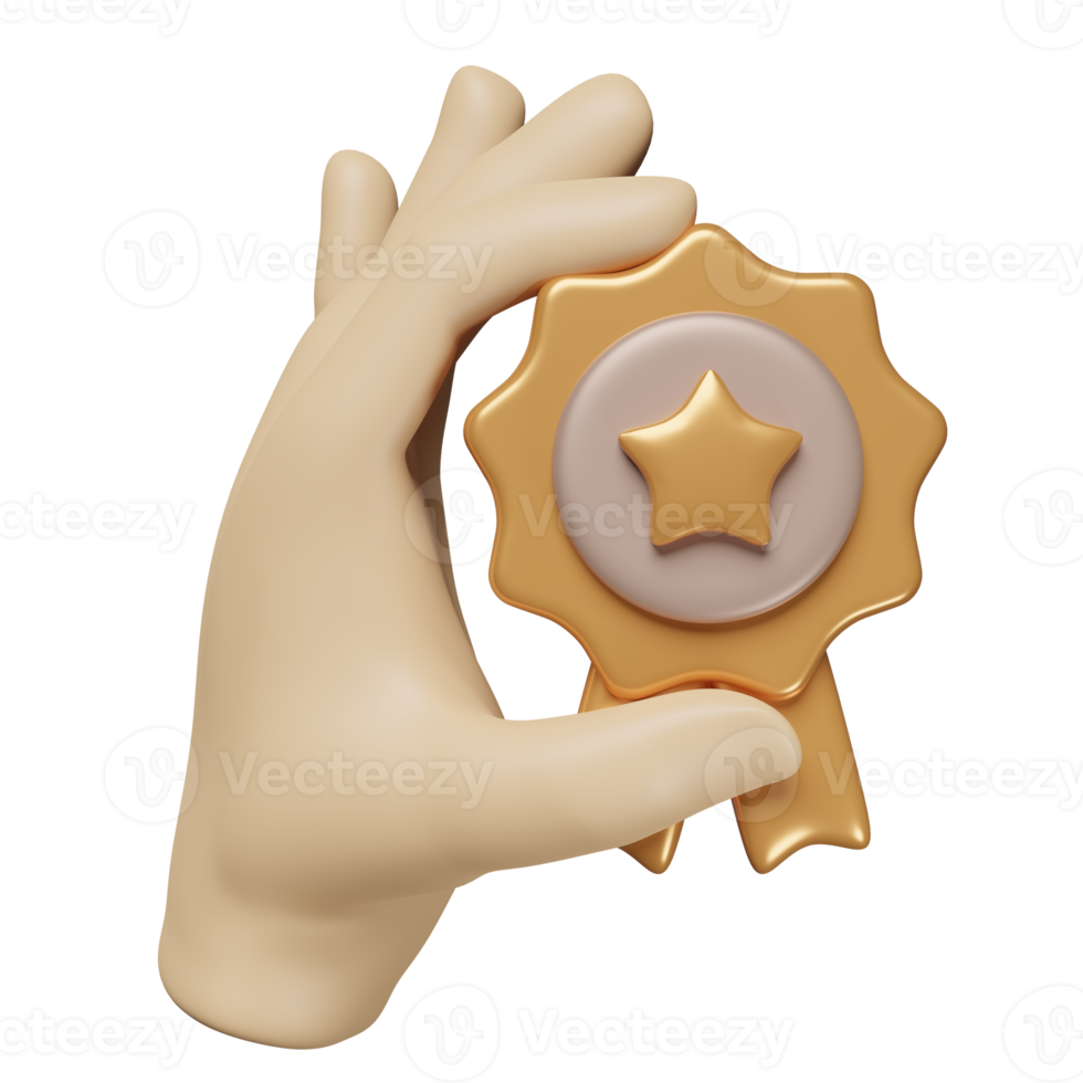 hands hold winner medal 3d, golden quality guarantee ribbon icon isolated. premium quality ribbon, minimal concept, 3d render illustration png