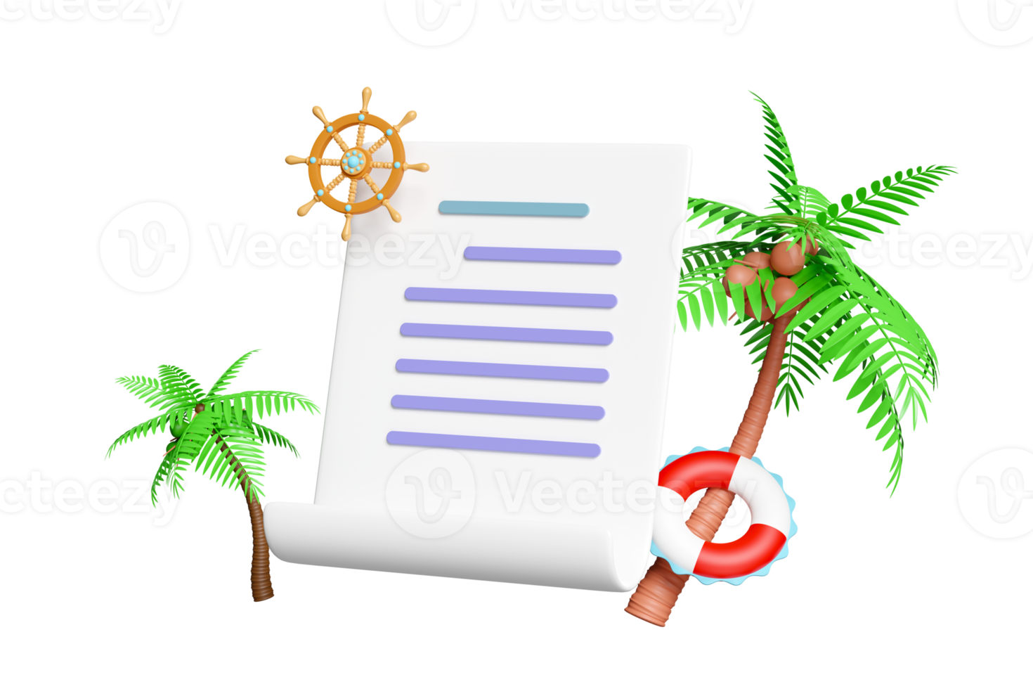 3D checklist with copy space, palm tree, lifebuoy, helm isolated. summer travel concept, 3d render illustration png