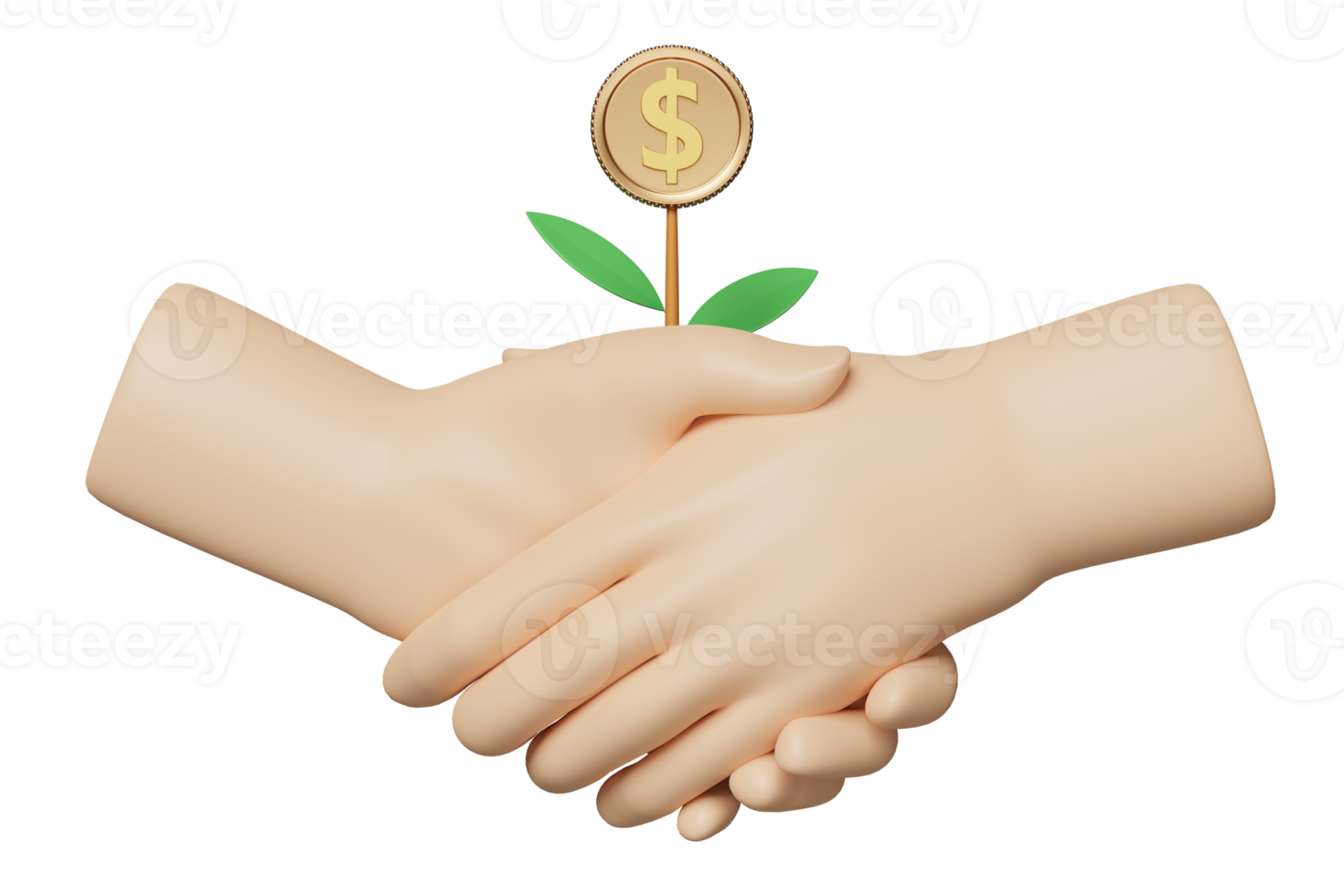 3d handshake icon with tree money icon for bank isolated. business growth, business partners concept, minimal abstract, 3d render illustration png