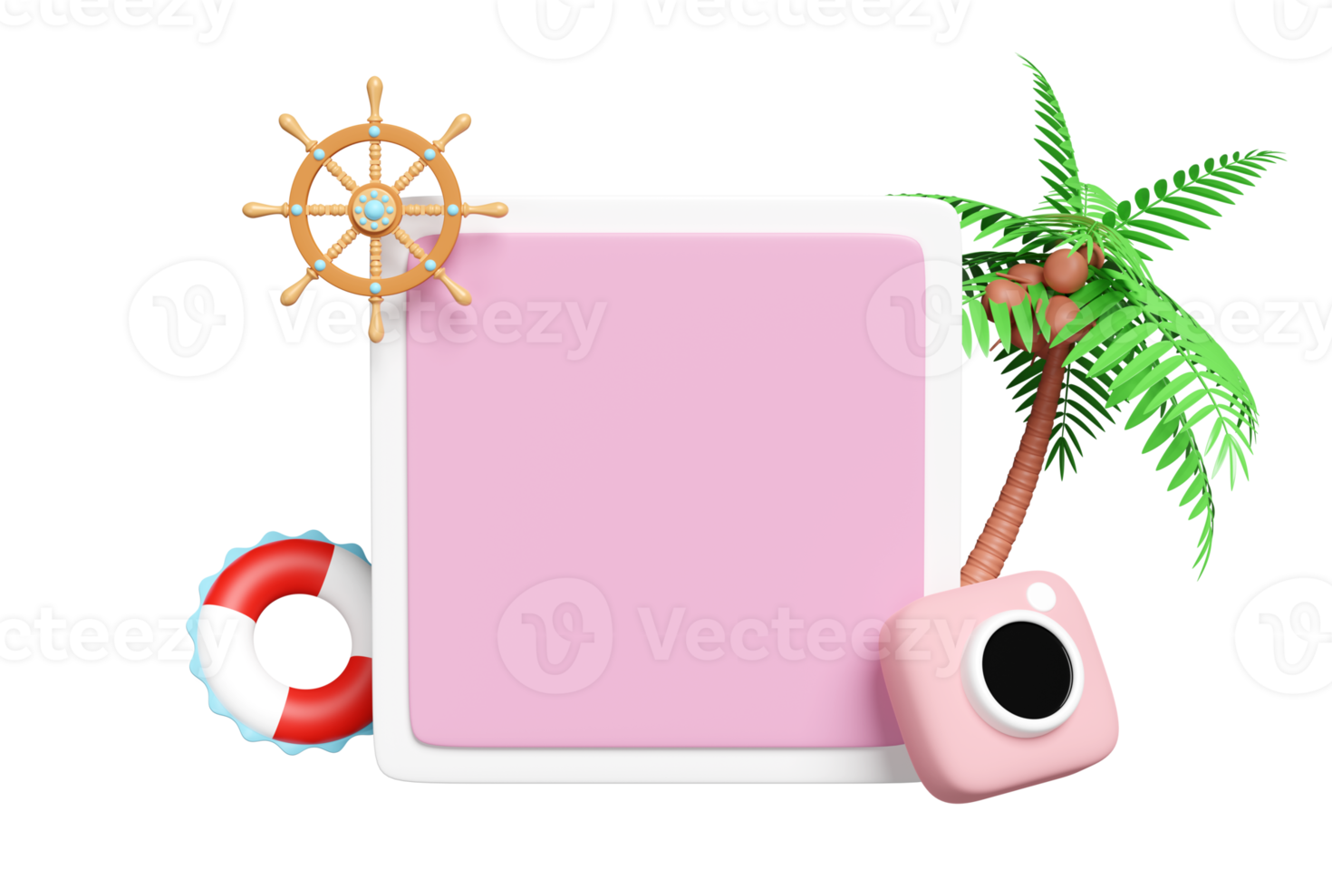 3D photo frame with copy space, palm tree, lifebuoy, helm, camera isolated. summer travel concept, 3d render illustration png